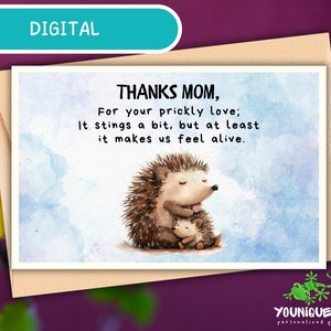Tarjeta divertida de mamá erizo, lindo regalo del día de la madre, tarjeta de felicitación de mamá sarcástica, regalo de cumpleaños de su hijo, adorable tarjeta de acuarela de mamá animal