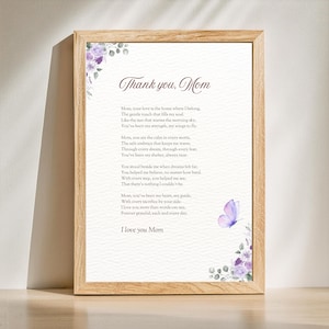 Poema para mamá, hermosos versos imprimibles para mamá, mensaje sincero de hija, hijo, palabras sentimentales, arte de pared para regalo de cumpleaños de abuela