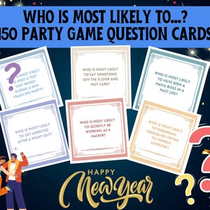Gioco di domande per feste, chi è più propenso a giocare a carte, gioco divertente per adulti stampabile per amici, gioco rompighiaccio per famiglie di Capodanno