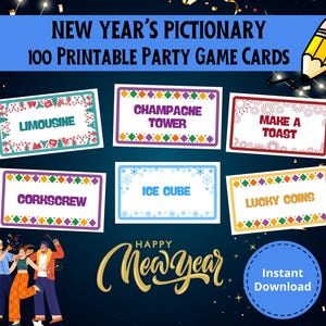 Può includere: Download digitale per un gioco di società Pictionary di Capodanno. L'immagine presenta sei carte di gioco con parole come "Limousine" e "Champagne Tower". Il design include un'illustrazione a matita e le parole "Happy New Year".