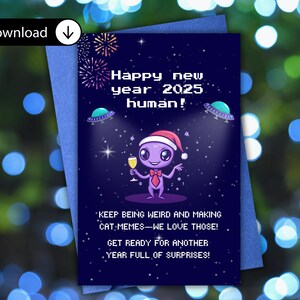 Grappige buitenaardse nieuwjaarskaart, gelukkig nieuwjaar digitaal, drones sci-fi humorgroet, schattige ufo-kaart, ruimteschip originele kaart met nieuwjaarswensen 2025