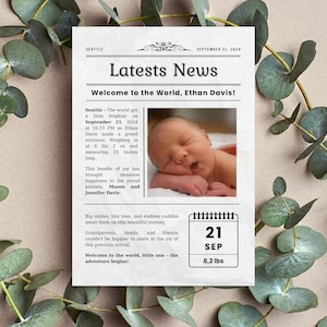 Anuncio de nacimiento de bebé, periódico personalizado para recién nacidos, foto personalizada con las estadísticas del nuevo bebé, anuncio de la llegada del bebé con imagen imprimible digital