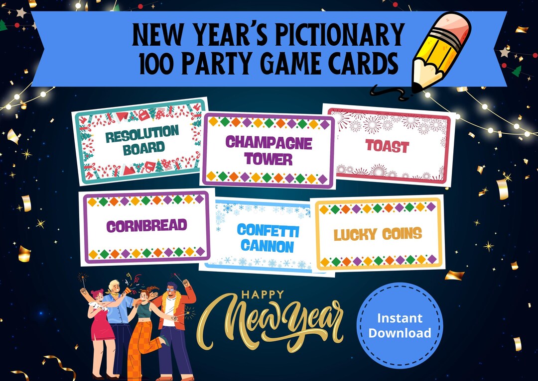 New Years Pictionary Game, 100 Printable Sketch and Guess Cards, Fun Drawing Game for Family ...