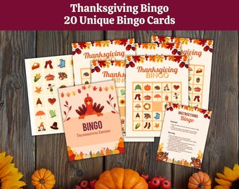 May include: A set of Thanksgiving Bingo cards, featuring 20 unique designs. The cards display autumn-themed images and the words "Thanksgiving Bingo". The set includes instructions and is decorated with autumnal leaves and pumpkins.