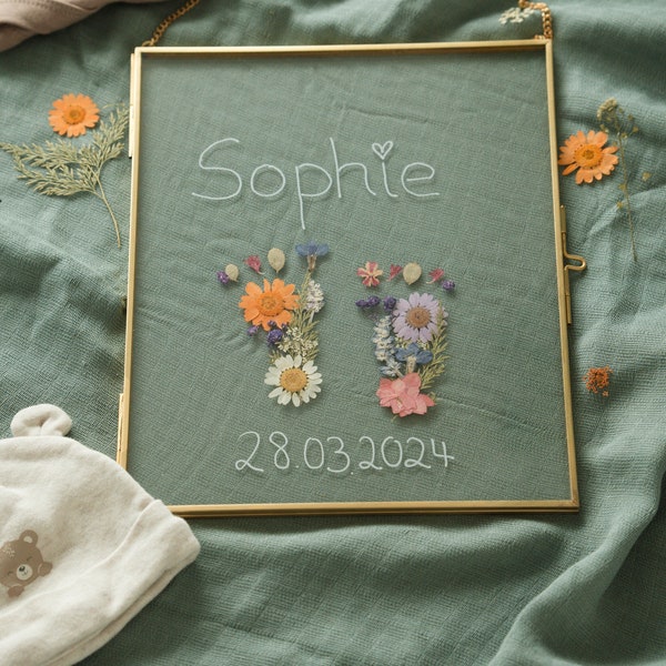 Fußabdruck Baby Blumen Personalisiert Bild Fußabdruck vom Baby Babyfußabdruck Geschenk Geburt Trockenblumen