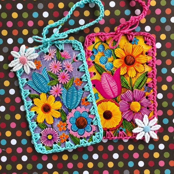 Set of 2 - Vintage Crochet Playing Card Book Marks / Ornaments - Retro Mod Groovy Flowers - Stitched Look - Aqua and Hot Pink Thread Edge