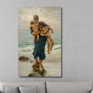 Esposa del pescador bañando a sus hijos Impresión por Virginie Demont Breton Canvas, Regalo para las madres, Arte clásico francés, Cartel de la vida costera
