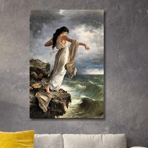 Impresión en lienzo de La muerte de Safo de Miguel Carbonell Selva, arte de pared mitológico, isla de Lesbos, reproducción de arte en lienzo, decoración moderna del hogar