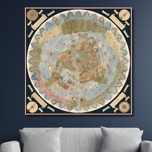 Ancient Flat Earth Map Framed Canvas Wall Art, 1587 by Monte Urbano Poster, Large World Map Wall Chart, 15th Century Old Map, Flat Earth Map
