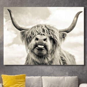 Cow With Tongue Black White Print Highland Cow Canvas Wall Art Farmhouse Decor Animals Painting Scottish Cow Wall Art Cow Rustic Wall Decor