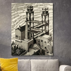 M.C. Escher Wasserfall 1961 bereit zum Aufhängen Leinwand Wandkunst, Maurits Cornelis Escher MC Escher Zeichnung Druckkunst, moderne Wanddekoration