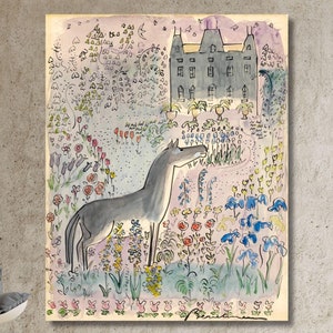 Grey Horse and Castle By Ludwig Bemelmans Quality Print  Framed Canvas Art, Madeline at the Zoo Poster,Ludwig Bemelmans Painting,Home Decor
