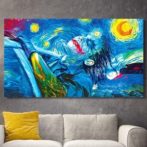 Jokers Starry Night Van Gogh Ready to Hang Canvas Wall Art / Poster Poker Wall Decor Extra Large Art Room Decor Luxury Wall Art Comic Poster