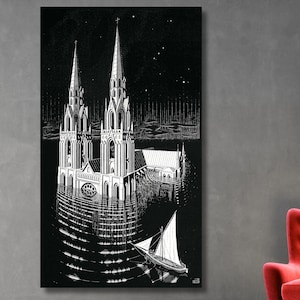 M.C. Escher - Die ertrunkene Kathedrale (1929) Fertig zum Aufhängen Leinwand Wandkunst, Maurits Cornelis Escher MC Escher Poster Zeichnung Hände Drucken Kunst