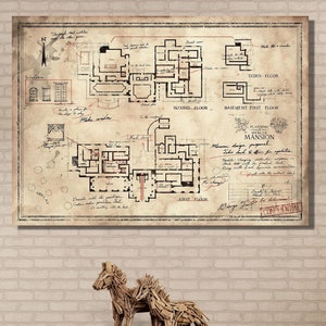 Resident Evil-kaart klaar om op te hangen canvas muurkunst, The Spencer Mansion Plan print, Raccoon City Police Department landhuis plan kaart canvas,