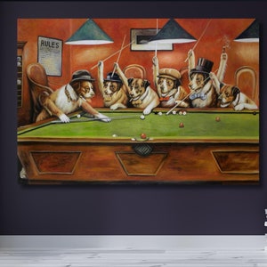 Lienzo de pared con perros jugando al billar de Cassius Marcellus Coolidge A Bold Bluff, lienzo listo para colgar con perros jugando al billar, póster con perros jugando al billar