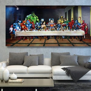 Letztes Abendmahl Superhelden gerahmt Leinwanddruck, Superheld Leinwand Wandkunst Film Poster Spielzimmer Dekor Avengers Druckt Kinderzimmer Graffiti