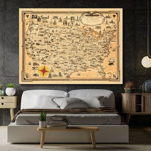 1935 geïllustreerde kaart van de Verenigde Staten archiefkwaliteit kunstafdruk canvas muurkunst Amerikaanse geschiedenis kunst, vintage kaart afdrukken canvas muurkunst