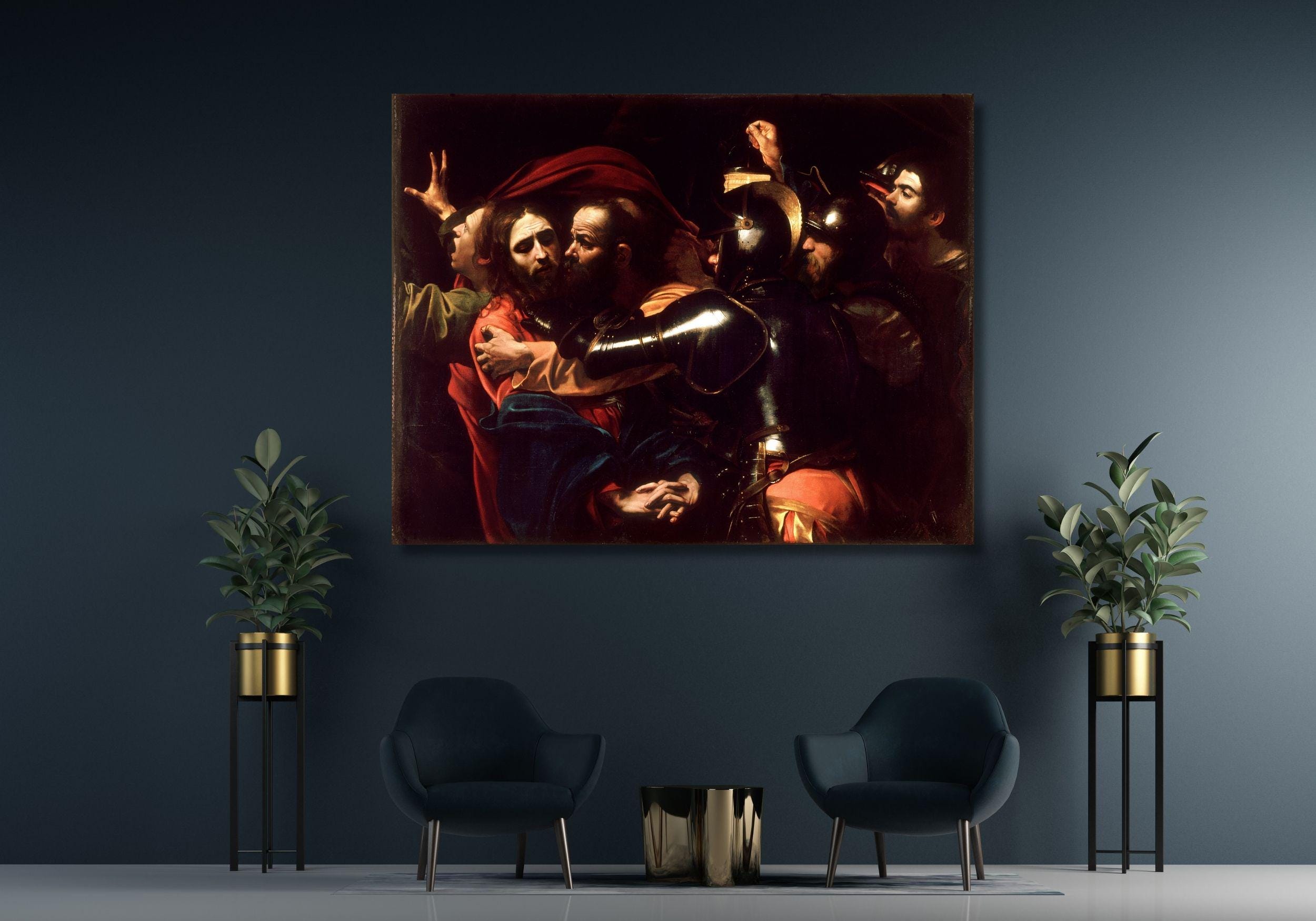 Tableau Caravage - La Capture Du Christ - Reproduction Sur Toile Tendue Sur Châssis - Fait Main En Italie