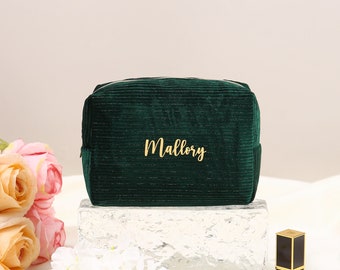 Bolsa cosmética de pana con nombre personalizado - Organizador de maquillaje personalizable