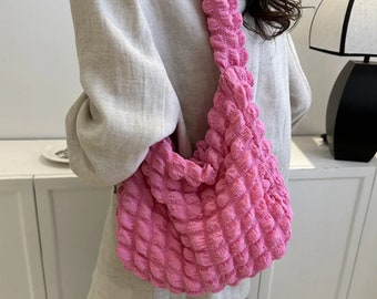 Bolso de hombro acolchado a cuadros bordado Bolso bandolera de gran capacidad