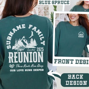 a woman wearing a green shirt with the words reunion printed on it