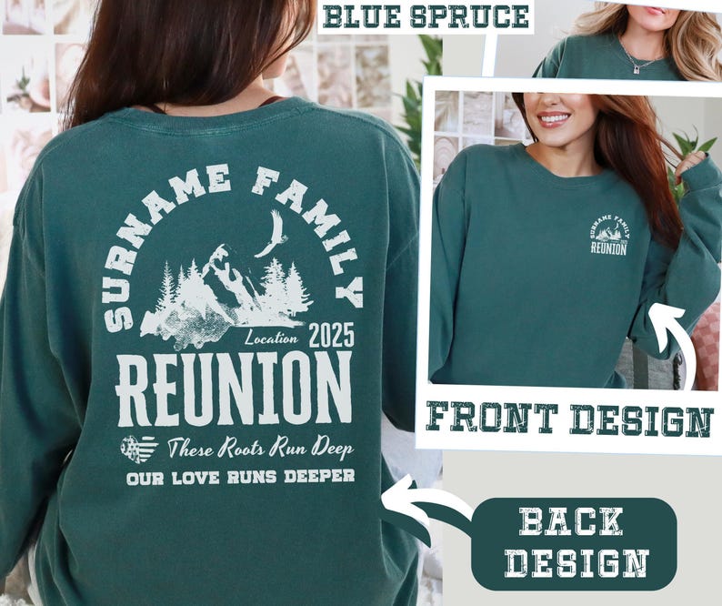 a woman wearing a green shirt with the words reunion printed on it