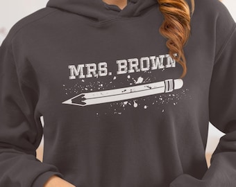 Custom Name Teacher Shirt Comfort Colors Grunge Pencil Design Gift for Male Teachers Coaches Staff Back to School Personalized Tee