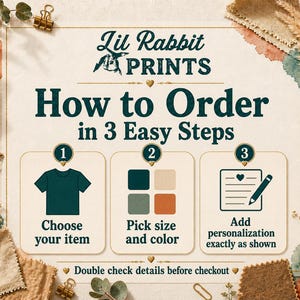 Op de afbeelding: Een decoratieve poster met de tekst "Lil Rabbit PRINTS" en "How to Order in 3 Easy Steps". De stappen worden ge&iuml;llustreerd met een t-shirt, kleurstalen en een notitieblok met een potlood. De poster heeft een neutraal kleurenpalet.