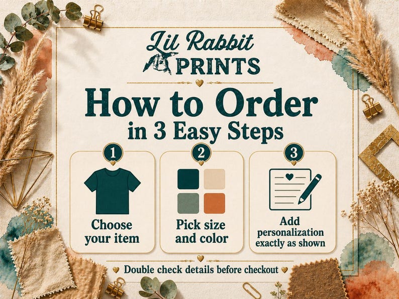 Op de afbeelding: Een decoratieve poster met de tekst "Lil Rabbit PRINTS" en "How to Order in 3 Easy Steps". De stappen worden ge&iuml;llustreerd met een t-shirt, kleurstalen en een notitieblok met een potlood. De poster heeft een neutraal kleurenpalet.