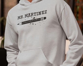 Personalized Teacher Sweatshirt Custom Design Distressed Pencil Teacher Gift Male Teacher Appreciation Present Comfy Hoodie Cotton Blend