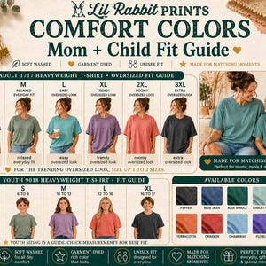 Op de afbeelding: Een Mom + Child Fit Guide voor Comfort Colors t-shirts, met maten voor volwassenen en kinderen. De gids bevat kleurstalen en de tekst "Lil Rabbit PRINTS". Beschikbare kleuren zijn Pepper, Blue Jean en Terracotta.
