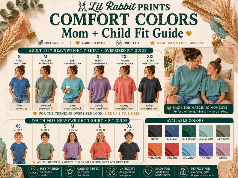 Op de afbeelding: Een Mom + Child Fit Guide voor Comfort Colors t-shirts, met maten voor volwassenen en kinderen. De gids bevat kleurstalen en de tekst "Lil Rabbit PRINTS". Beschikbare kleuren zijn Pepper, Blue Jean en Terracotta.