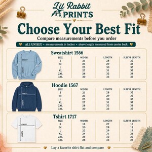 Puede incluir: Tabla de tallas para sudaderas, sudaderas con capucha y camisetas unisex. Las medidas est&aacute;n en pulgadas para el ancho, el largo y el largo de la manga. El texto "Choose Your Best Fit" se muestra en la parte superior.
