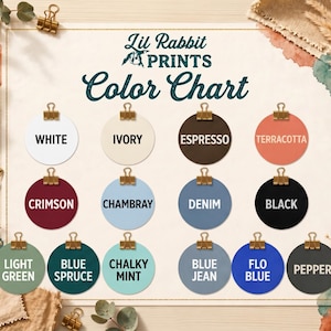 The image is a color chart featuring various color names such as White, Ivory, Espresso, Terracotta, Crimson, Chambray, Denim, Black, Chunky Mint, Light Green, Blue Spruce, Blue Jean, and Flo Blue.