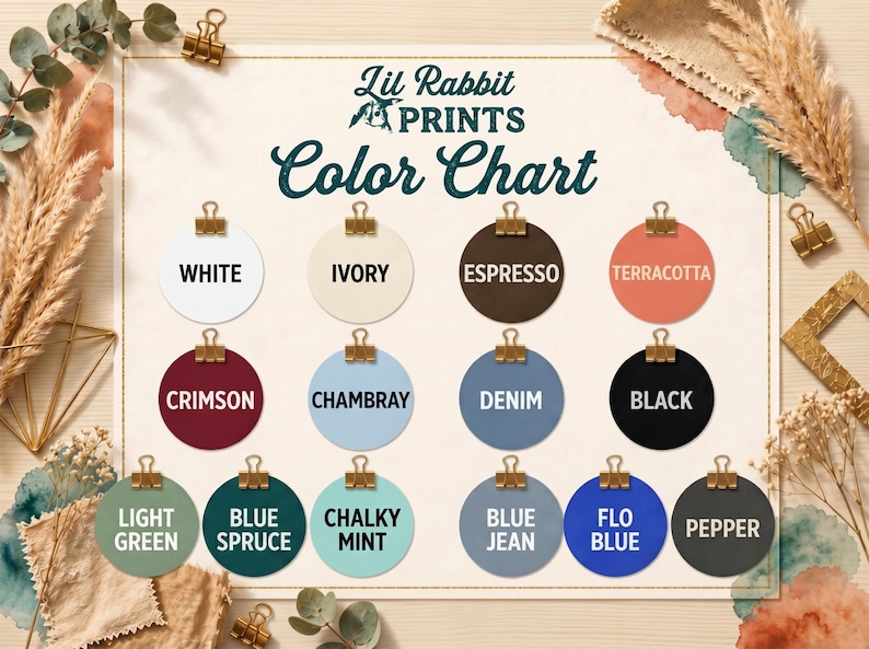 The image is a color chart featuring various color names such as White, Ivory, Espresso, Terracotta, Crimson, Chambray, Denim, Black, Chunky Mint, Light Green, Blue Spruce, Blue Jean, and Flo Blue.
