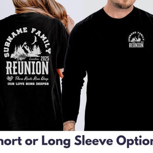 a man and a woman wearing shirts that say, short or long sleeve options
