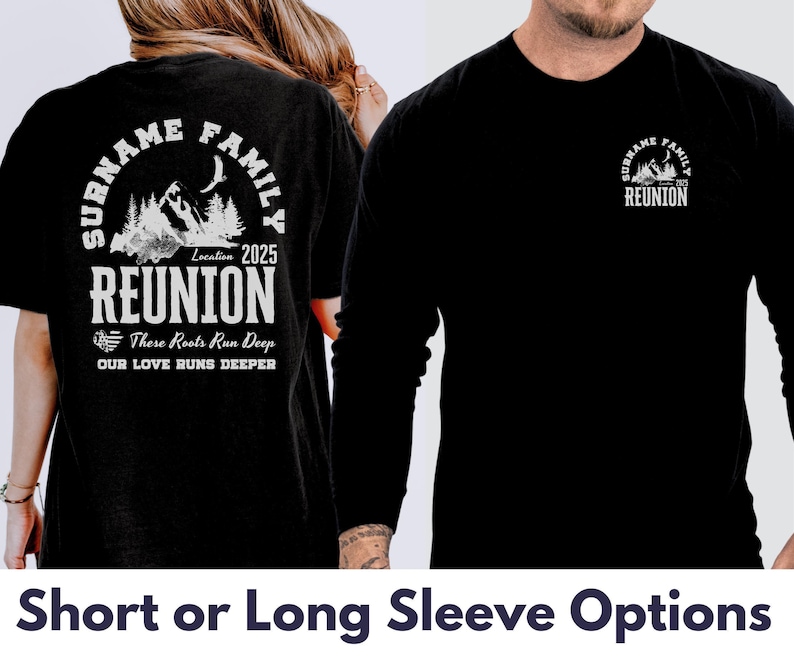 a man and a woman wearing shirts that say, short or long sleeve options