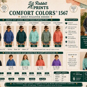 Puede incluir: Una exhibici&oacute;n de productos con sudaderas con capucha Comfort Colors 1567 para adultos en varios colores, incluyendo azul, verde y coral. La imagen incluye gu&iacute;as de tallas para adultos y j&oacute;venes, con especificaciones de modelos y detalles de la tela. El texto dice: "Todas las sudaderas son unisex, te&ntilde;idas y hechas para la comodidad diaria."