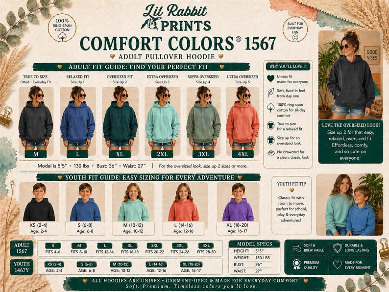 Puede incluir: Una exhibici&oacute;n de productos con sudaderas con capucha Comfort Colors 1567 para adultos en varios colores, incluyendo azul, verde y coral. La imagen incluye gu&iacute;as de tallas para adultos y j&oacute;venes, con especificaciones de modelos y detalles de la tela. El texto dice: "Todas las sudaderas son unisex, te&ntilde;idas y hechas para la comodidad diaria."