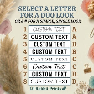 Op de afbeelding: Decoratieve afbeelding met de tekst "SELECTEER EEN LETTER VOOR EEN DUO LOOK OF EEN # VOOR EEN SIMPELE, ENKELE LOOK". De afbeelding toont een lijst met de woorden "CUSTOM TEXT" en de letters A, B, C en D.