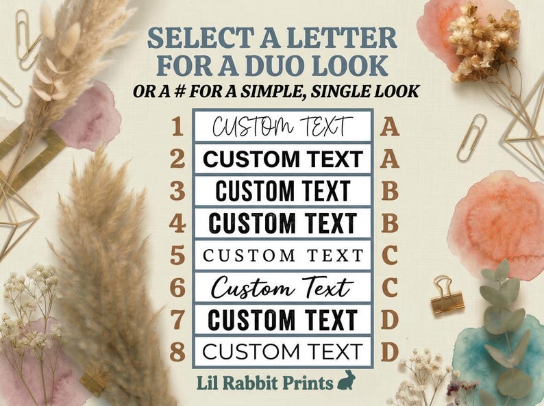 Op de afbeelding: Decoratieve afbeelding met de tekst "SELECTEER EEN LETTER VOOR EEN DUO LOOK OF EEN # VOOR EEN SIMPELE, ENKELE LOOK". De afbeelding toont een lijst met de woorden "CUSTOM TEXT" en de letters A, B, C en D.