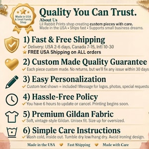 The image is a promotional graphic for a rabbit prints shop, highlighting its commitment to quality, speed, and customer satisfaction. It features a list of features and services offered, such as fast and free shipping, custom-made quality guarantee, easy personalization, hassle-free policy, premium gildan fabric, and simple care instructions. The image also includes icons representing the shop's commitment to making products in the USA and supporting small businesses.