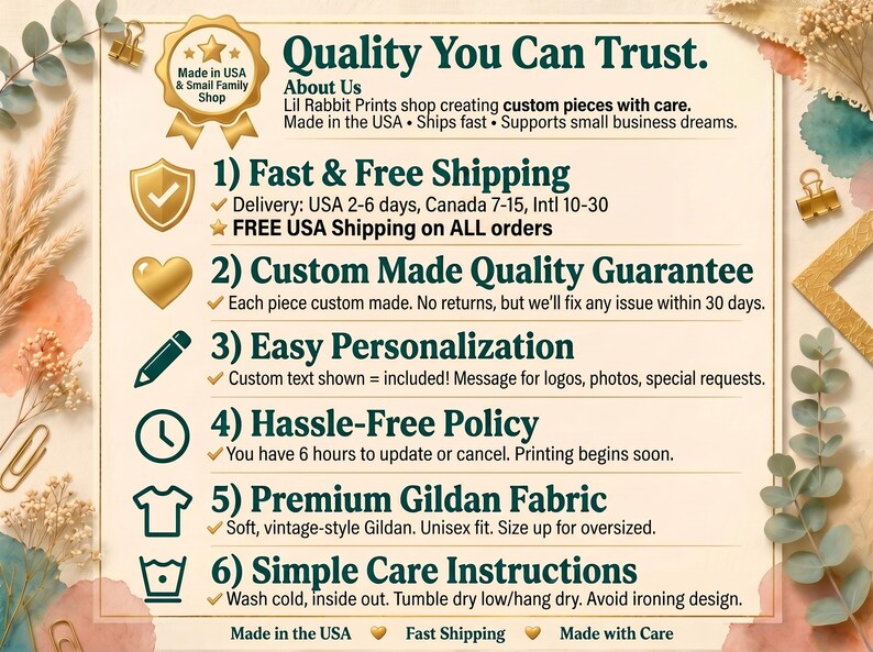The image is a promotional graphic for a rabbit prints shop, highlighting its commitment to quality, speed, and customer satisfaction. It features a list of features and services offered, such as fast and free shipping, custom-made quality guarantee, easy personalization, hassle-free policy, premium gildan fabric, and simple care instructions. The image also includes icons representing the shop's commitment to making products in the USA and supporting small businesses.
