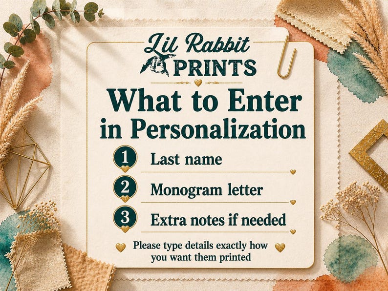 Op de afbeelding: Een cr&egrave;mekleurige kaart met de tekst "What to Enter in Personalization" en instructies voor het invoeren van een achternaam, monogramletter en extra notities. De kaart is versierd met gouden hartjes en een gouden paperclip.