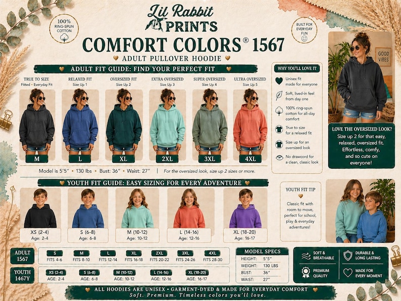 Op de afbeelding: Een productpresentatie met Comfort Colors 1567 pullover hoodies voor volwassenen in verschillende kleuren, waaronder marineblauw, blauw, teal, koraal en grijs. De afbeelding bevat maattabellen voor volwassenen en jeugd, met modelspecificaties en stofdetails.