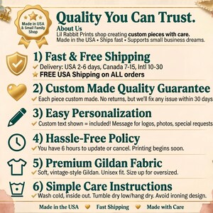 The image is a promotional graphic for a rabbit prints shop, highlighting its commitment to quality, speed, and customer satisfaction. It features a list of features and services offered, such as fast and free shipping, custom-made quality guarantee, easy personalization, hassle-free policy, premium gildan fabric, and simple care instructions. The image also includes icons representing the shop's commitment to making products in the USA and supporting small businesses.