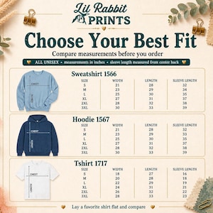 Op de afbeelding: Maattabel voor unisex kleding, inclusief sweatshirts, hoodies en t-shirts. De maten zijn in inches. De tabel geeft details over breedte, lengte en mouwlengte. De tekst "Choose Your Best Fit" wordt weergegeven, met de merknaam "Lil Rabbit PRINTS".
