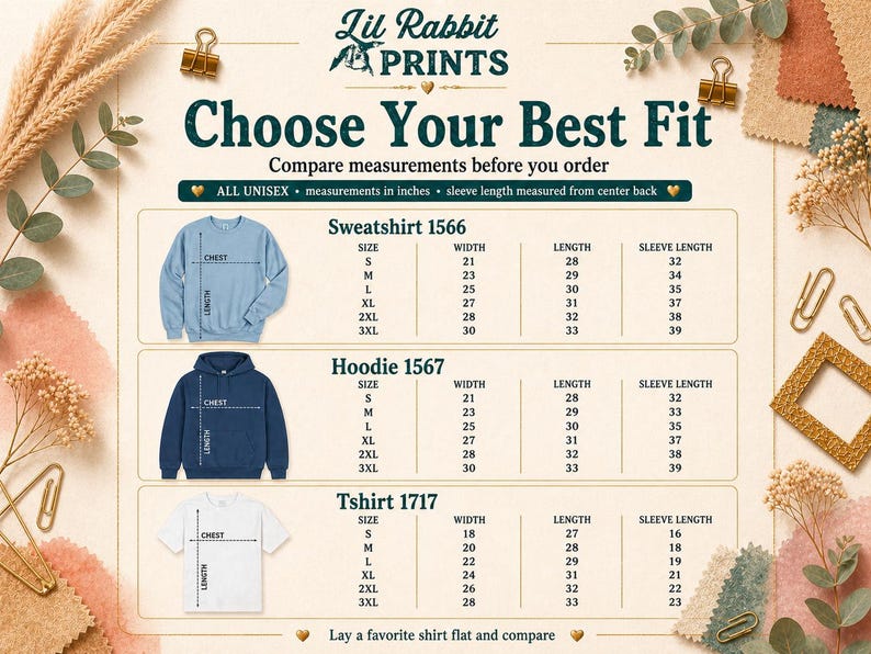 Op de afbeelding: Maattabel voor unisex kleding, inclusief sweatshirts, hoodies en t-shirts. De maten zijn in inches. De tabel geeft details over breedte, lengte en mouwlengte. De tekst "Choose Your Best Fit" wordt weergegeven, met de merknaam "Lil Rabbit PRINTS".