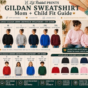 Op de afbeelding: Een maattabel voor Gildan sweatshirts voor volwassenen en kinderen. De afbeelding toont verschillende kleuren, waaronder wit, zwart en marineblauw. De tekst luidt "Mom + Child Fit Guide" en "Made for Matching Moments".